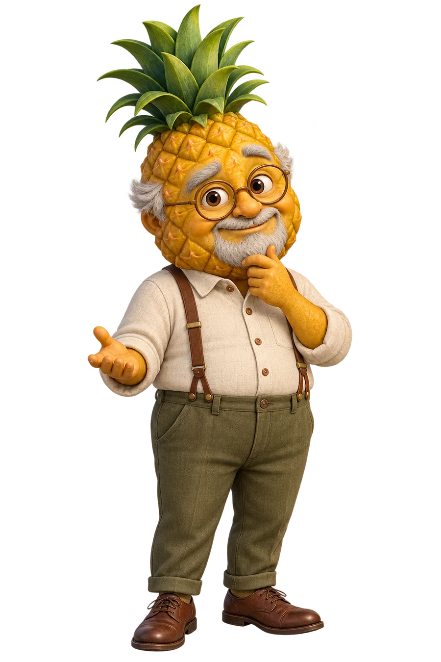 Personagem original de abacaxi, com barba e óculos, de corpo inteiro