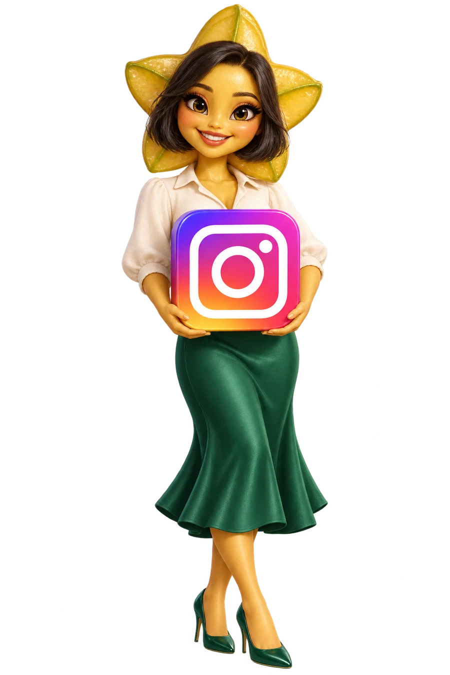 Personagem de carambola segurando a logo do Instagram em 3D