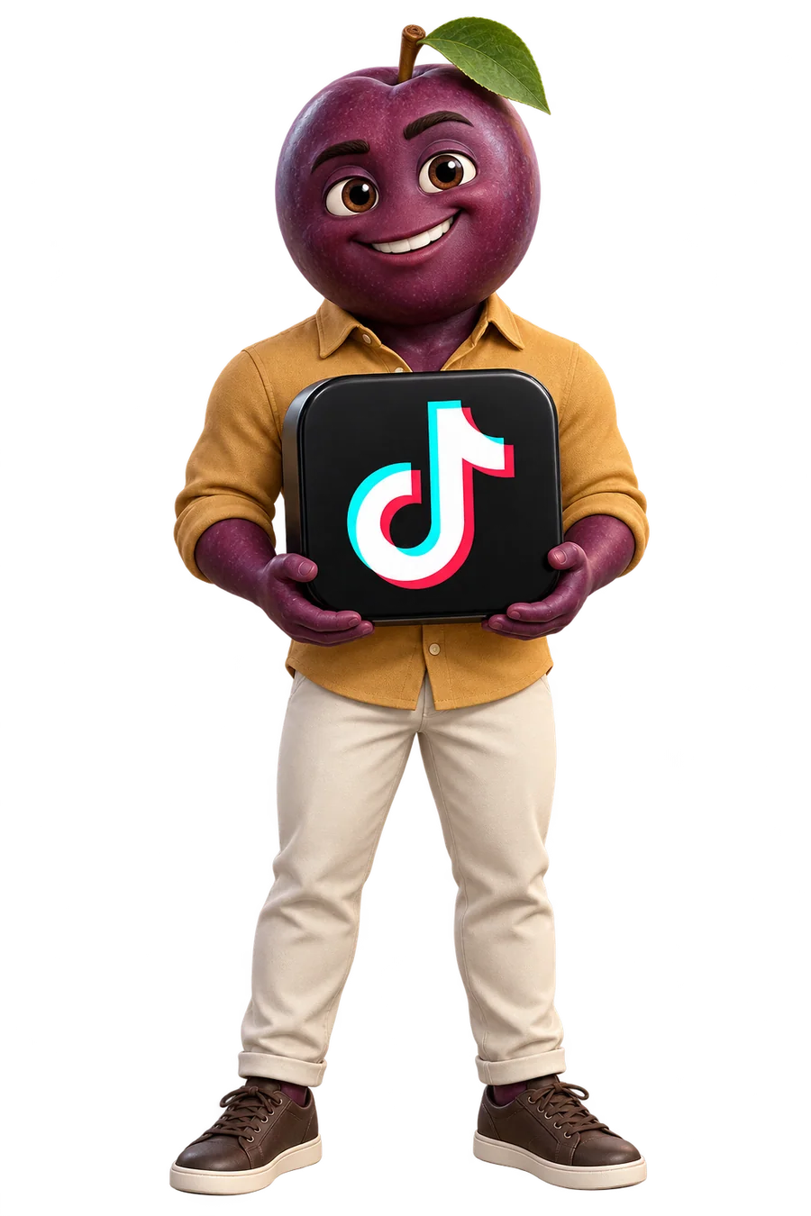 Personagem de ameixa segurando a logo do TikTok em 3D