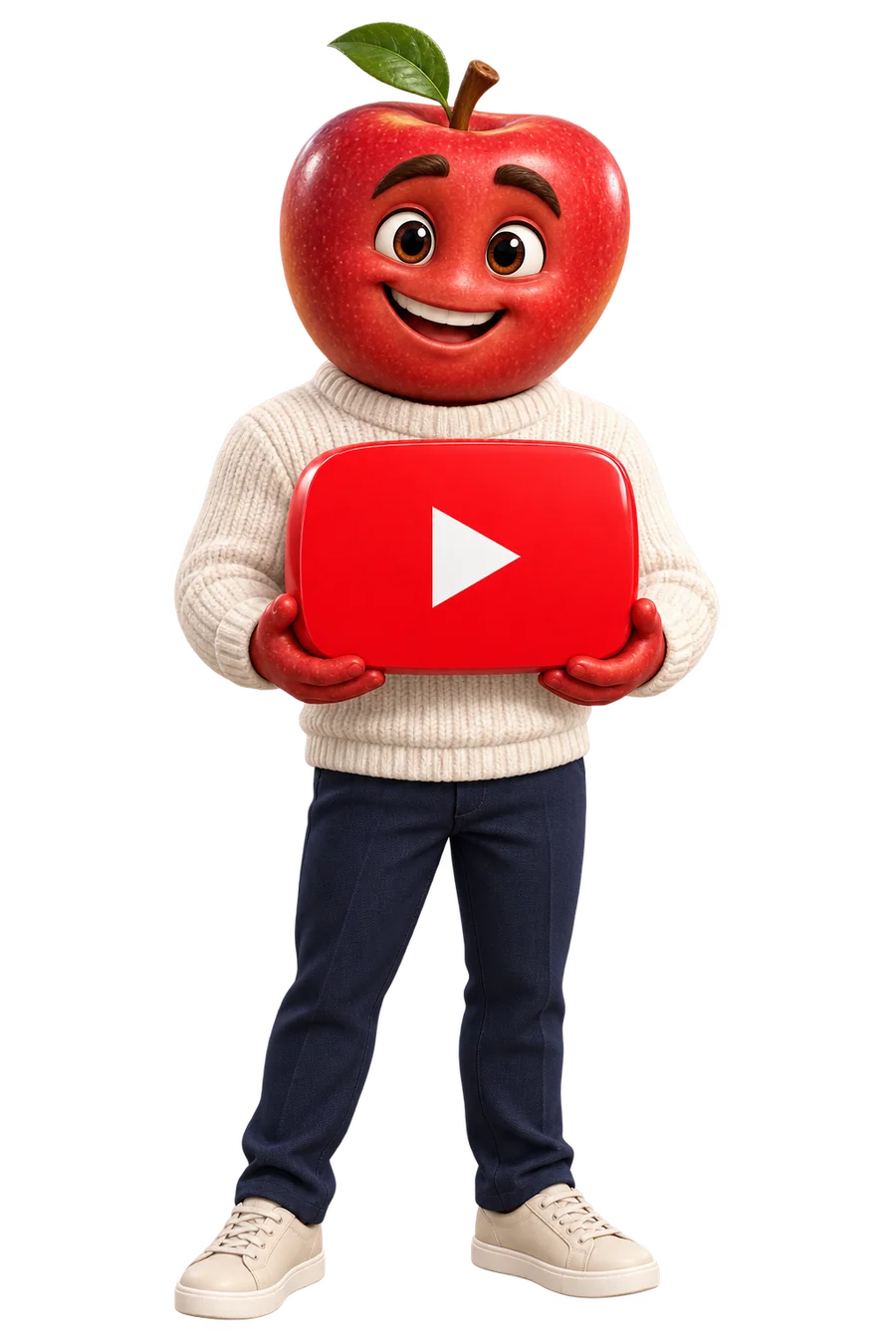 Personagem de maçã segurando a logo do YouTube em 3D