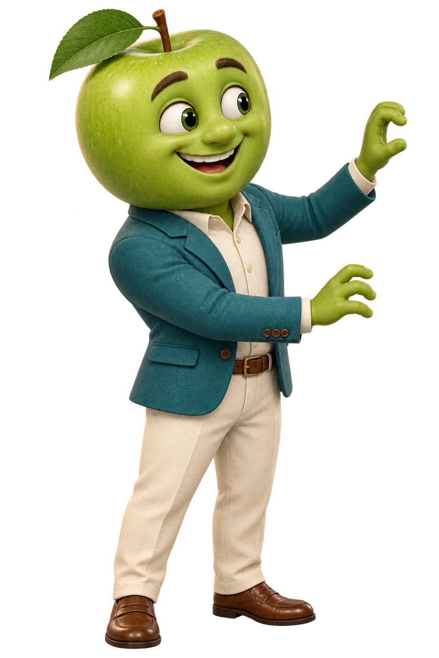 Personagem de maçã verde segurando a lateral esquerda da oferta