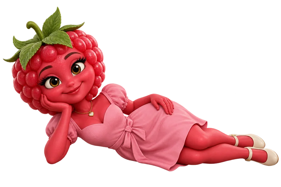 Personagem original de framboesa deitada de lado com a mão no queixo