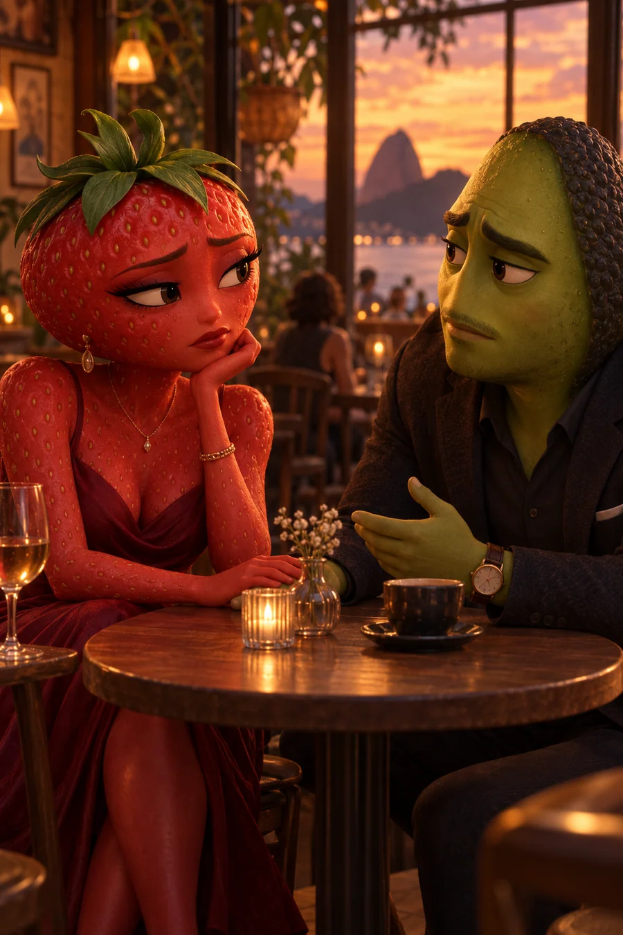 Morango e abacate conversando em um café